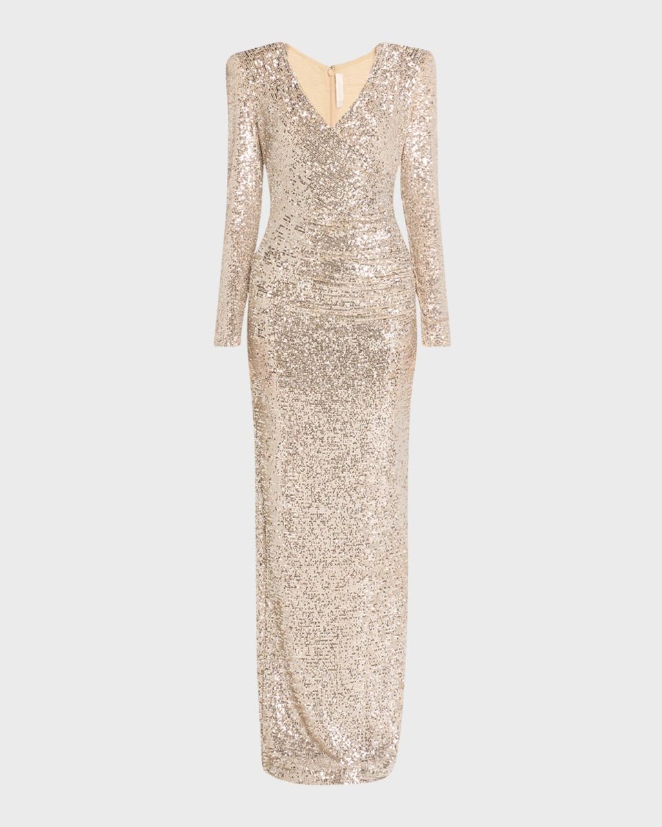 Sequined Column Gathered V-Neck Gown
